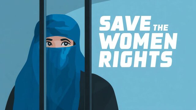 Powerful conceptual illustration of a woman in a blue burqa standing behind prison bars, symbolizing oppression and the fight for women&rsquo;s rights, with bold text ""Save the Women Rig