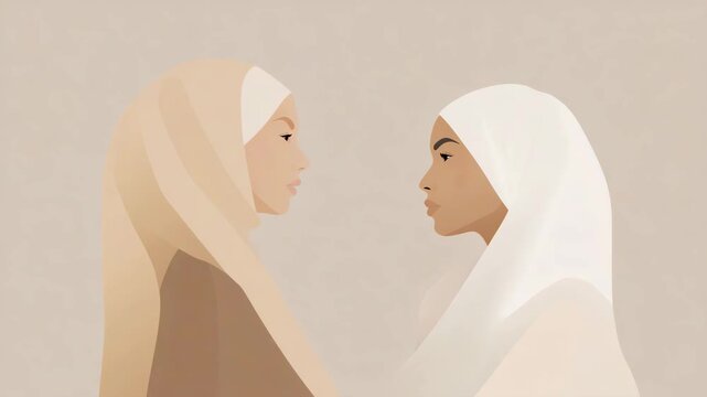 Stylized flat vector art of two women wearing hijabs in neutral colors looking at each other, minimalist concept of solidarity, understanding, and modern femininity  4k