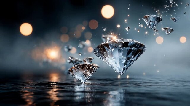 Multiple diamonds fly through air with shimmering particles illustrating celebration luxury wealth and sparkling jewelry fantasy