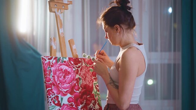 White Woman Adding Finishing Touches To Floral Canvas Before Exhibition, Careful Polish Of Layers And Edges, GalleryReady Composition Under Soft Curtain Light, Focused Creative Dedication