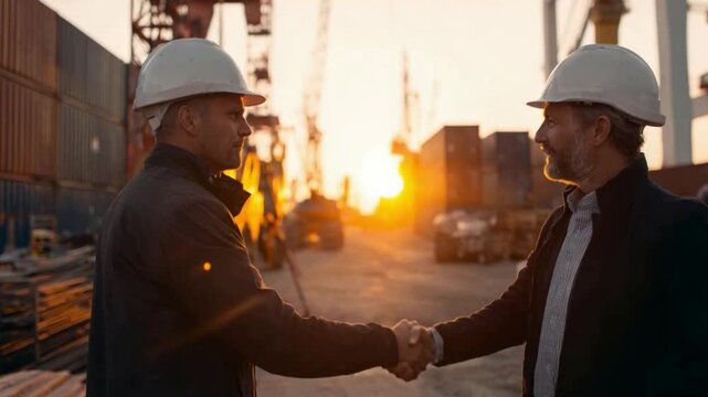 🤝🤝Partnership Forged in Industry: Two professionals in hard hats seal a deal with a handshake against the backdrop of an industrial port, embodying collaboration, and progress.