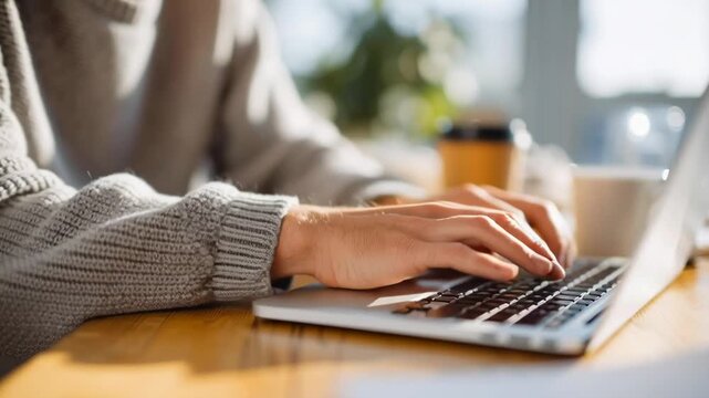 A person is typing on a laptop computer with a cup of coffee next to them. Concept of productivity and focus, as the person is likely working on a task or project