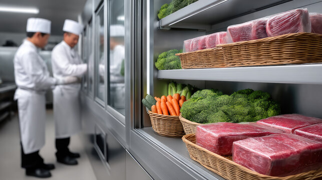 Fresh meat, broccoli, carrot, and lettuce in baskets on commercial kitchen shelf, two chefs in uniform working in background - Powered by Adobe