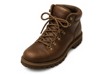 Brown leather hiking boot standing, showing lace-up design with brass eyelets and thick laces. Transparent background