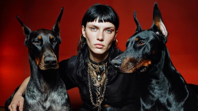 Stylish person dressed in dark outfit sits between two alert doberman dogs against red backdrop conveying power fashion and loyal protection