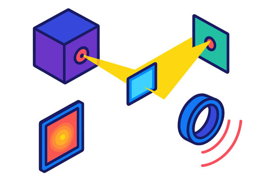 Vivid Pinhole Camera Icons. Isometric vector illustration set Pinhole Camera Perspective: camera box fragment, pinhole aperture,