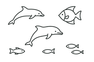 Fototapeta premium Line Style Aquatic Icons. Line style icons of Aquatic Creatures: slender swimmer, curved fin shape, small aquatic form,