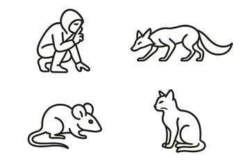 Obraz premium Stealth Creature Icons. Line style icons of Stealth Creatures: quiet figure, low stance, sharp ear arc, flowing tail, subtle