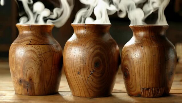 warm and inviting 4K shot of three rustic wooden vases with steam rising from surface creating cozy atmosphere perfect for interior decor concepts rustic design mes or cinematic lifestyle footage in