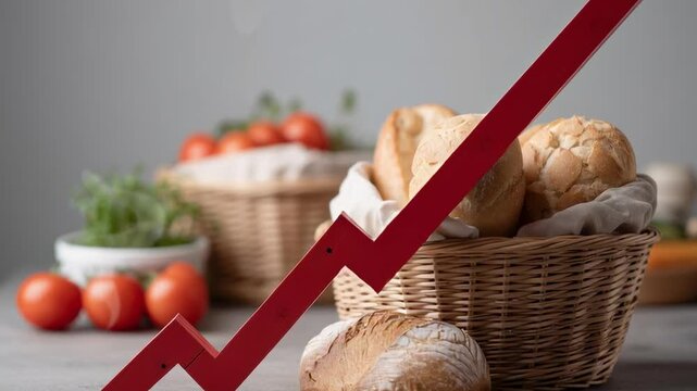 A red line is drawn on a basket of bread and tomatoes. The line is pointing upwards, which could represent growth or progress. The basket of bread and tomatoes is placed on a table
