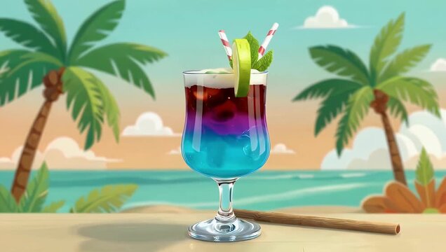 Seamless loopable 4K cartoon style animation designed as exotic cocktail vacation wallpaper featuring playful swirling motion and tileable graphics ideal for fun beverage mes summer visuals and