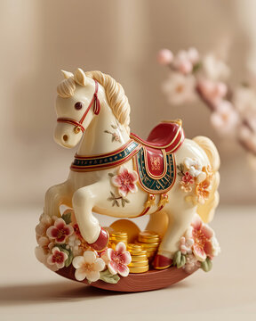 Cute 3D clay rocking horse with gold ingots for Year of the Horse.