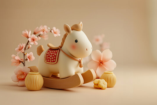 Cute 3D clay rocking horse with gold ingots for Year of the Horse.