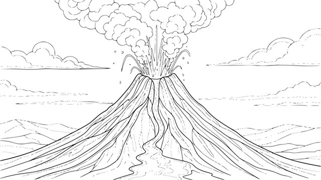 Volcano Erupting Smoke and Lava in Coloring Book Style Black and White Outline Line Art Drawing
