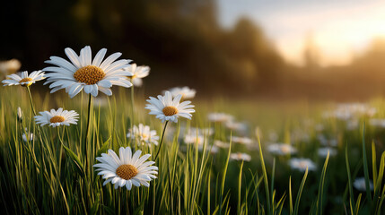 White daisy flower bloom in green field at sunrise, soft sunlight and blurred background create peaceful natural scene