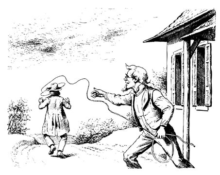 Man standing in front of a cabin, throwing a lasso around another person, who is walking away. Man Lassoing the Preacher