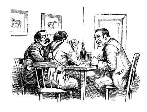 Men with cards, playing a card game, seated at a table with a bottle and poker chips  on it. 1800s vintage