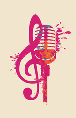 Vector logo, or banner for a music with vocal microphone and treble clef . Suitable for flyer, invitation, poster, cover, icon, vocal school, advertising, music festival. No ai