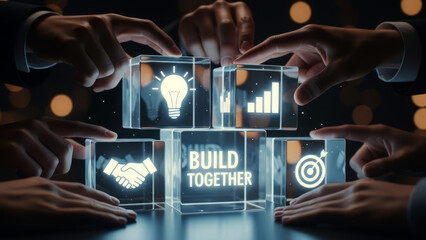 Business team building together with glowing strategy blocks