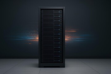 Modern server rack in clean-tech data center with abstract digital light effect