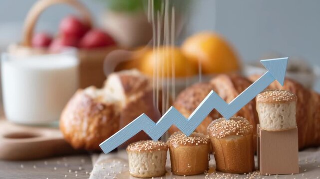 A graph is drawn on top of a plate of food, including bread, fruit, and milk. The graph shows a steady increase in the consumption of these items