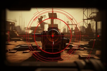 Weapon scope crosshairs targeting a dilapidated object in a post apocalyptic cityscape with brown tones