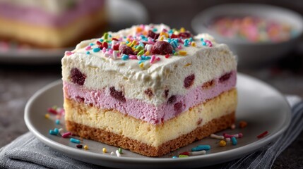 Ice cream cake with colorful layers, birthday sprinkles, festive plates