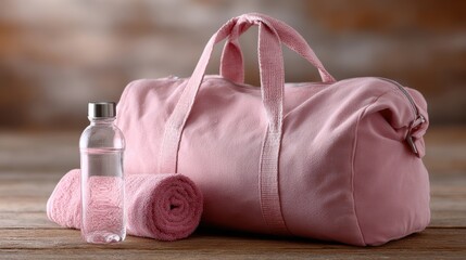 Pink workout gear in gym bag, water bottle