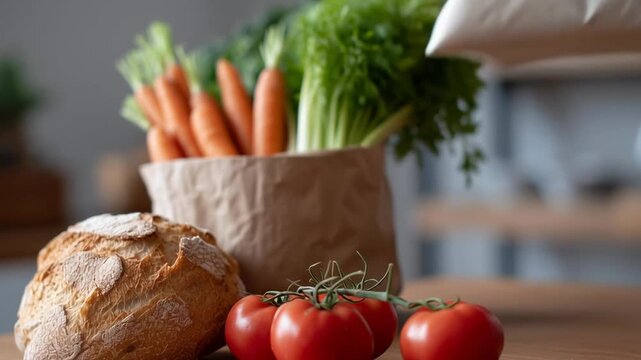 A bag of vegetables including potatoes, carrots, and tomatoes is placed on a table. The bag has a red arrow on it, which suggests that the vegetables are growing or increasing in quantity