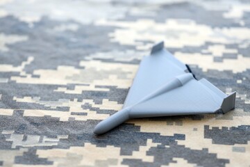 Unnamed grey toy drone model on camouflage fabric close up. Kamikaze drone for bombing targets