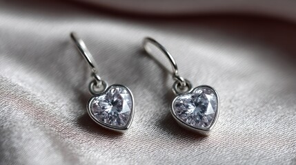 Macro shot of diamond wedding earrings sparkling on textured ivory silk, forming a subtle heart shape with their shadows, love theme background