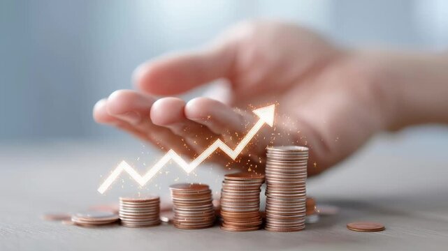 A hand is holding a stack of coins with a rising arrow in the middle. Concept of growth and progress, as the coins are stacked on top of each other, with the rising arrow symbolizing upward movement