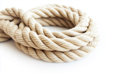 Obraz premium Bundle of natural rope lies on plain white surface. Rope looks like a soft and clean. Marine rope is twisted. Rope is strong material for