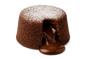 Chocolate molten lava cake with powdered sugar and gooey chocolate filling flowing out, sweet dessert indulgence, transparent background
