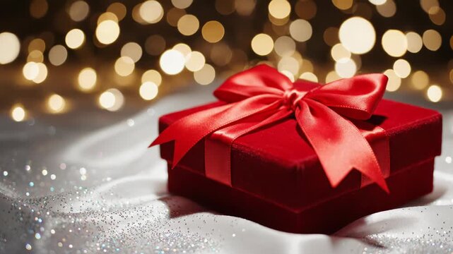 Magic moments of joy as a stunning red gift box sparkles against twinkling lights for the holiday season Generative AI