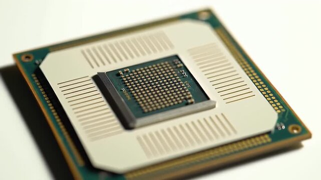 Macro Shot of a Computer Microchip with Gold Pins on White Surface