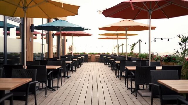 Outdoor Restaurant Seating with Colorful Umbrellas and Wooden Decking