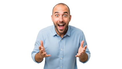 Excited bald man with open mouth and raised hands looking at camera in surprise and disbelief, expressive facial emotion, isolated on transparent background.