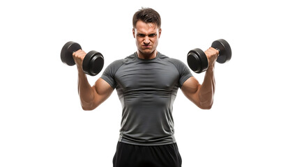 Strong muscular man in gray t-shirt doing bicep curls with dumbbells, showing intense expression and powerful physique, isolated on transparent background.