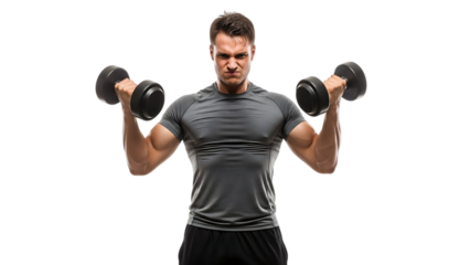 Strong muscular man in gray t-shirt doing bicep curls with dumbbells, showing intense expression and powerful physique, isolated on transparent background.
