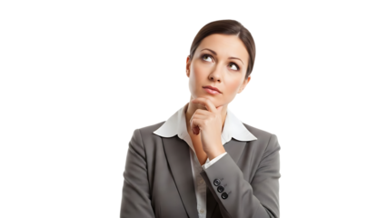 Thoughtful Young Businesswoman in Professional Grey Suit Looking Up and Thinking While Holding Her Chin, Focused Corporate Professional Contemplating Career Ideas and Plans