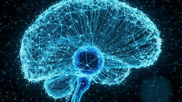 AI & Neuroscience: Abstract Blue Wireframe Brain Connecting Neural Networks | Futuristic Technology, Deep Learning, and Big Data Visualization
