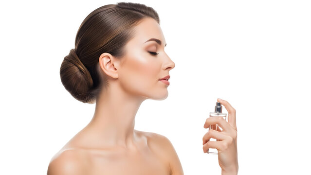 Beautiful young woman with elegant hair bun applying luxury perfume on her neck, side profile of a graceful girl spraying fragrance, concept of beauty and self-care