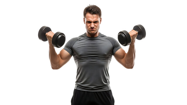Strong muscular man in gray t-shirt doing bicep curls with dumbbells, showing intense expression and powerful physique, isolated on transparent background.