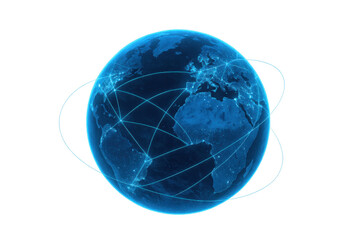 Global network connecting continents, digital information flowing across earth, technology and communication concept on transparent background