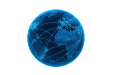 Global network connecting continents, digital information flowing across earth, technology and communication concept on transparent background
