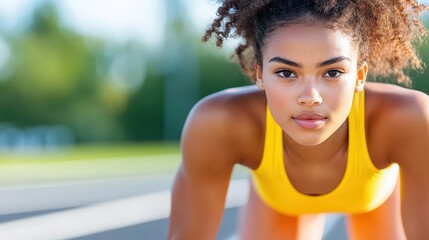 Young woman poised for sprint on tartan track at clear daylight