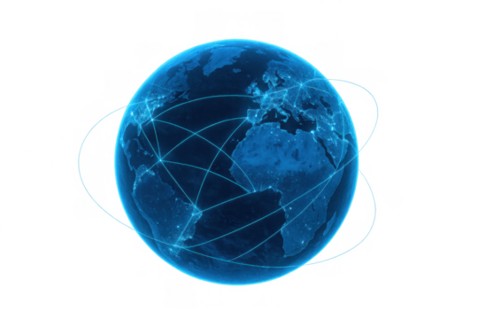 Global network connecting continents, digital information flowing across earth, technology and communication concept on transparent background - Powered by Adobe