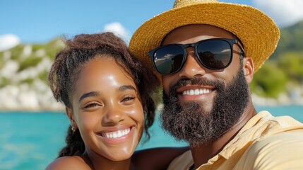 Joyful couple captures memorable moments by a serene riverbank
