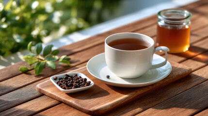 Cup of tea sits on wooden table with coffee bean, honey jar, green leaf, morning sunlight, and natural outdoor background